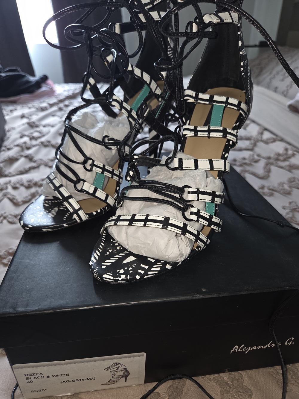 Black and White Strappy Lace-Up Heels with Teal Accent
